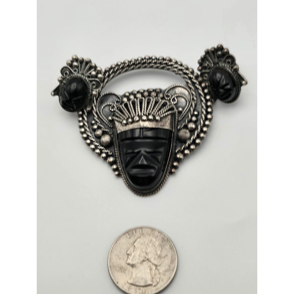 Vintage/antique Mexican Sterling Silver & Onyx Mask Brooch and Earring Set
